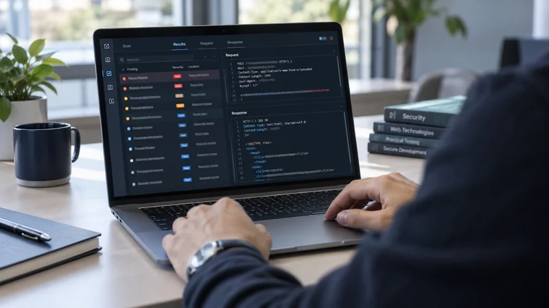 Security specialist reviewing web application vulnerability findings on a laptop